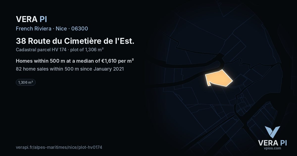 38 Route du Cimetière de l'Est, Nice at night – the plot lit, the parcels around coloured by the prices near them