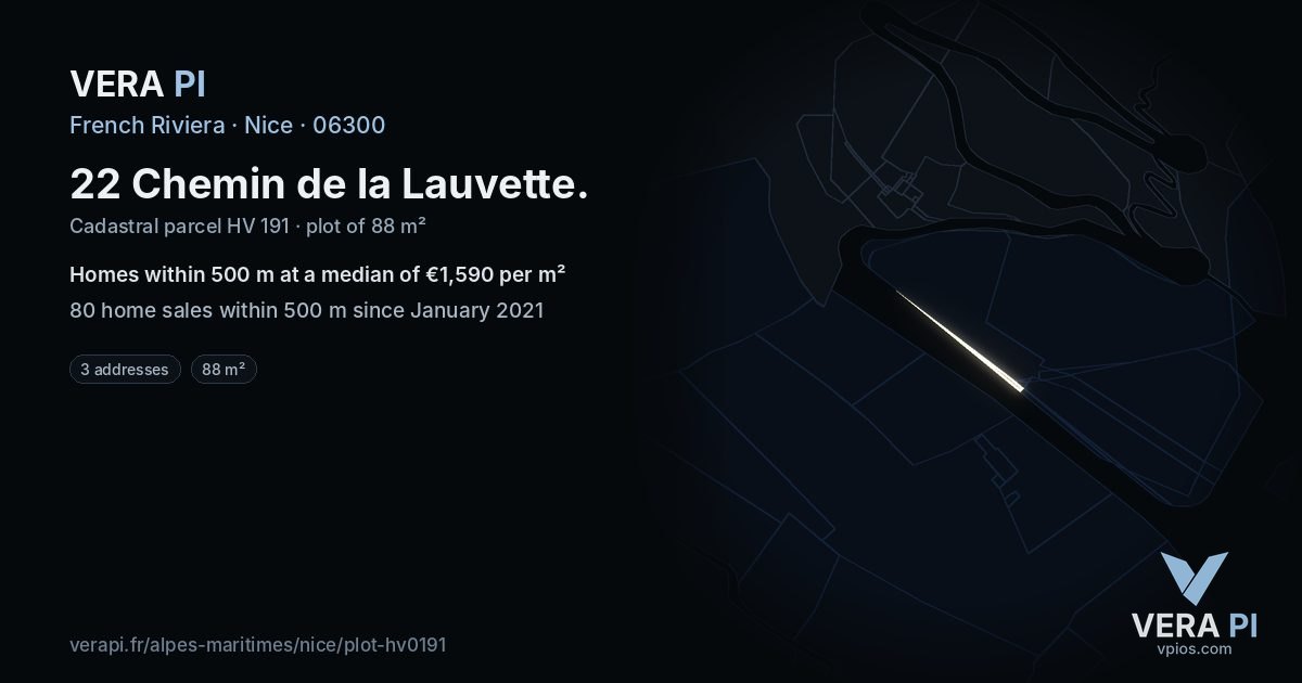 22 Chemin de la Lauvette, Nice at night – the plot lit, the parcels around coloured by the prices near them
