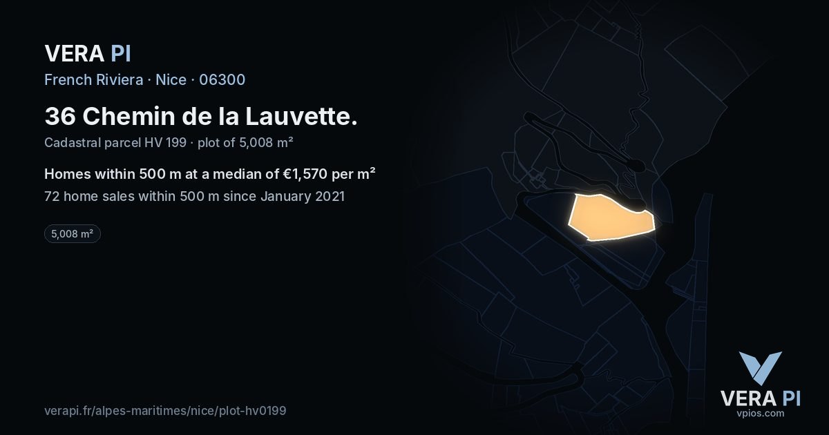 36 Chemin de la Lauvette, Nice at night – the plot lit, the parcels around coloured by the prices near them