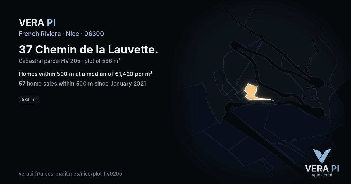 37 Chemin de la Lauvette, Nice at night – the plot lit, the parcels around coloured by the prices near them