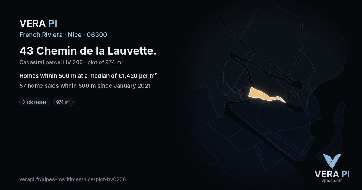 43 Chemin de la Lauvette, Nice at night – the plot lit, the parcels around coloured by the prices near them