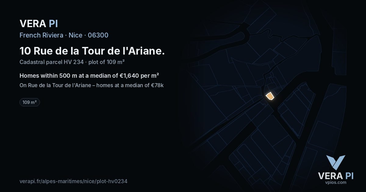 10 Rue de la Tour de l'Ariane, Nice at night – the plot lit, the parcels around coloured by the prices near them
