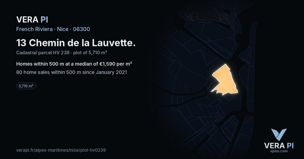 13 Chemin de la Lauvette, Nice at night – the plot lit, the parcels around coloured by the prices near them