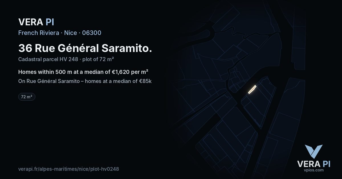 36 Rue Général Saramito, Nice at night – the plot lit, the parcels around coloured by the prices near them