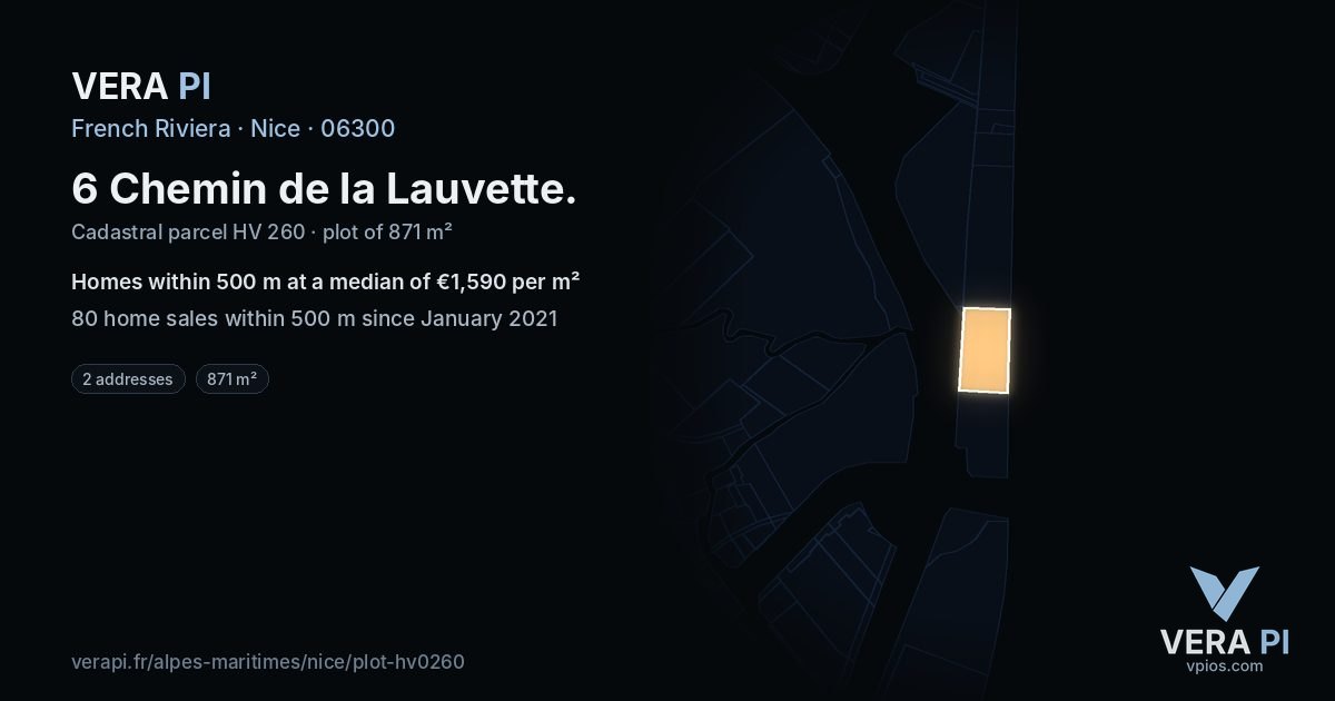 6 Chemin de la Lauvette, Nice at night – the plot lit, the parcels around coloured by the prices near them