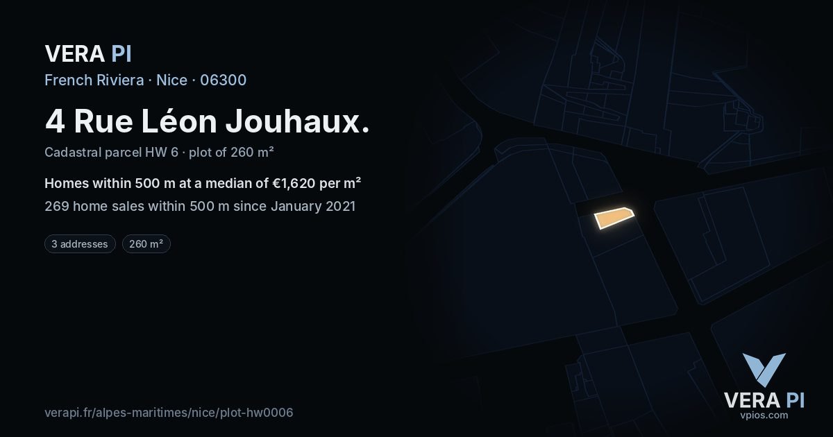 4 Rue Léon Jouhaux, Nice at night – the plot lit, the parcels around coloured by the prices near them