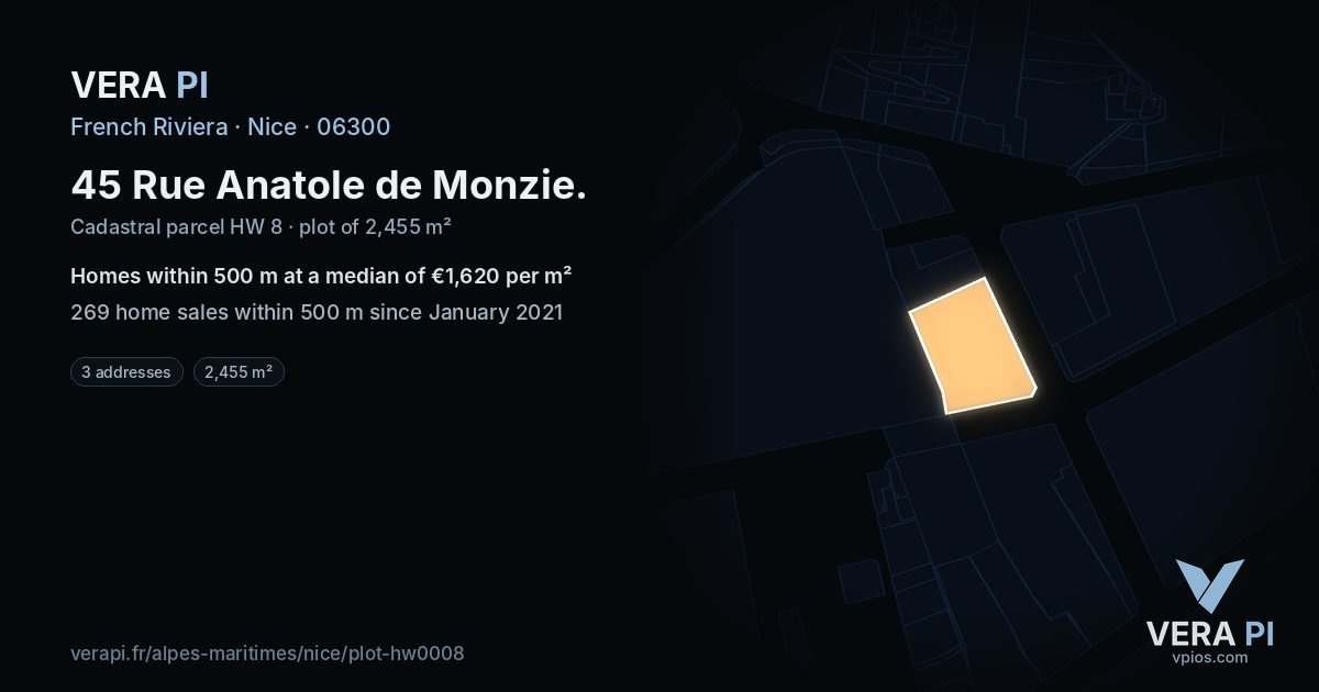 45 Rue Anatole de Monzie, Nice at night – the plot lit, the parcels around coloured by the prices near them