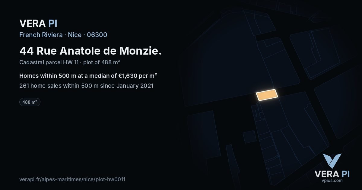 44 Rue Anatole de Monzie, Nice at night – the plot lit, the parcels around coloured by the prices near them