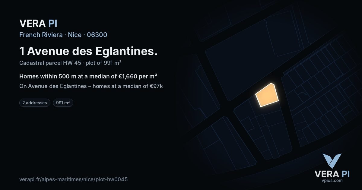 1 Avenue des Eglantines, Nice at night – the plot lit, the parcels around coloured by the prices near them