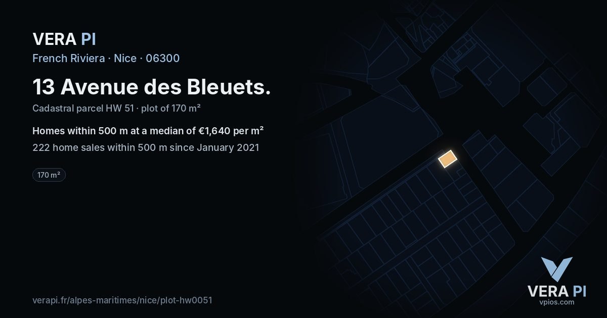 13 Avenue des Bleuets, Nice at night – the plot lit, the parcels around coloured by the prices near them