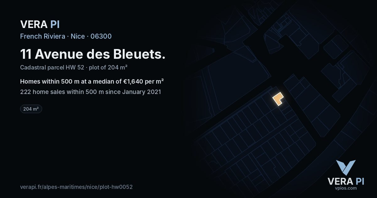 11 Avenue des Bleuets, Nice at night – the plot lit, the parcels around coloured by the prices near them