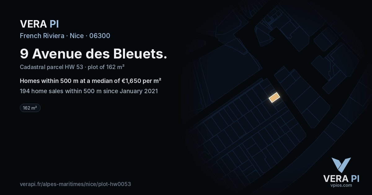 9 Avenue des Bleuets, Nice at night – the plot lit, the parcels around coloured by the prices near them