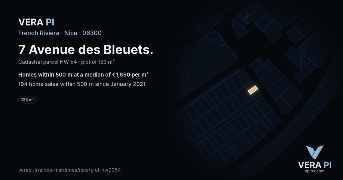 7 Avenue des Bleuets, Nice at night – the plot lit, the parcels around coloured by the prices near them