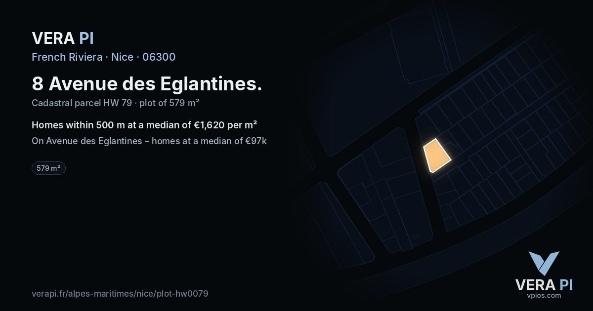 8 Avenue des Eglantines, Nice at night – the plot lit, the parcels around coloured by the prices near them