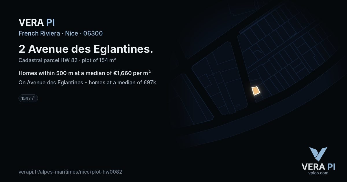 2 Avenue des Eglantines, Nice at night – the plot lit, the parcels around coloured by the prices near them