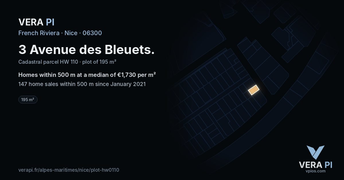 3 Avenue des Bleuets, Nice at night – the plot lit, the parcels around coloured by the prices near them