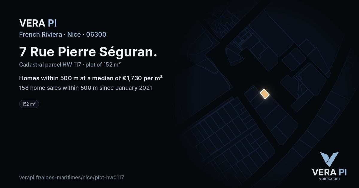 7 Rue Pierre Séguran, Nice at night – the plot lit, the parcels around coloured by the prices near them