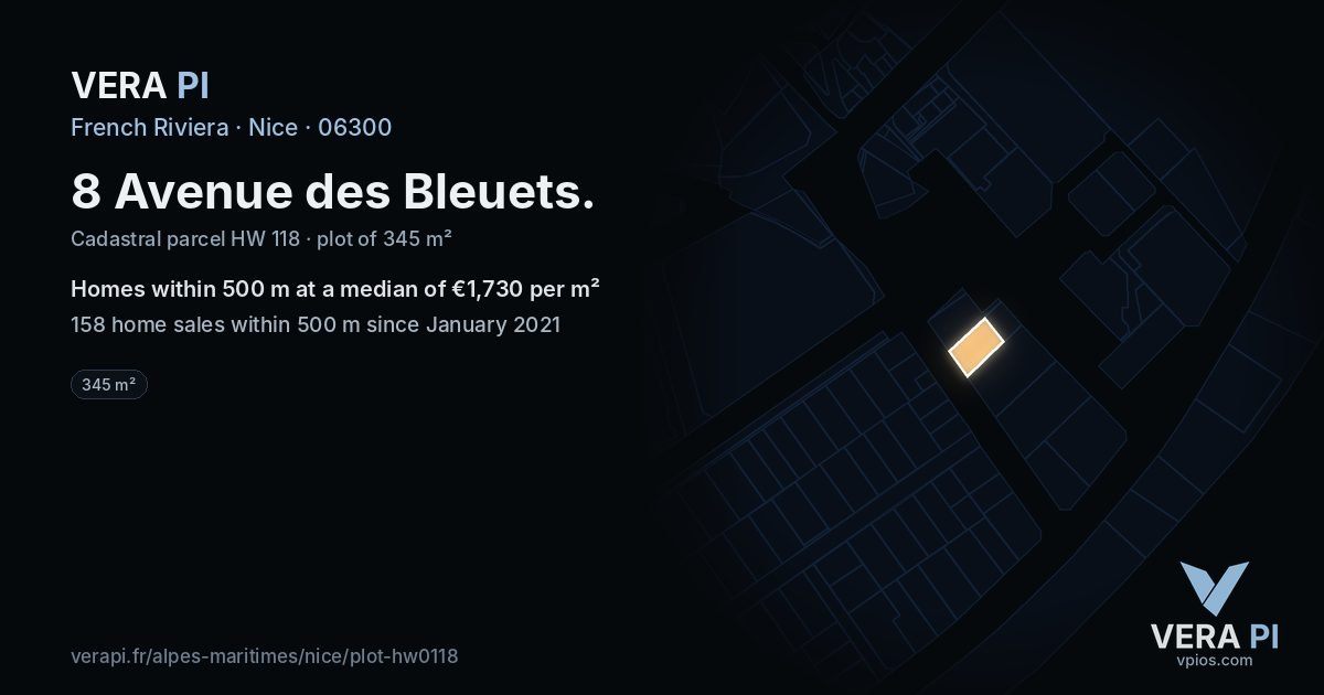 8 Avenue des Bleuets, Nice at night – the plot lit, the parcels around coloured by the prices near them
