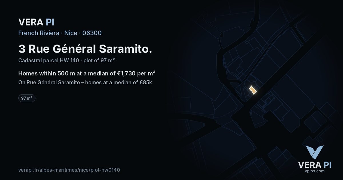 3 Rue Général Saramito, Nice at night – the plot lit, the parcels around coloured by the prices near them
