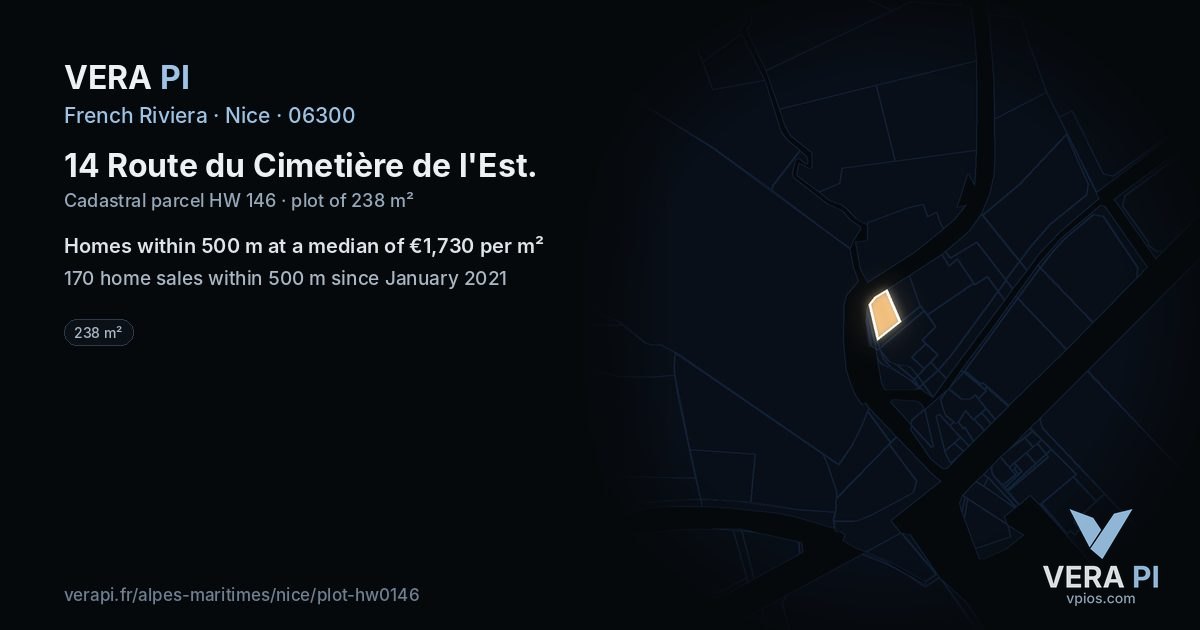 14 Route du Cimetière de l'Est, Nice at night – the plot lit, the parcels around coloured by the prices near them