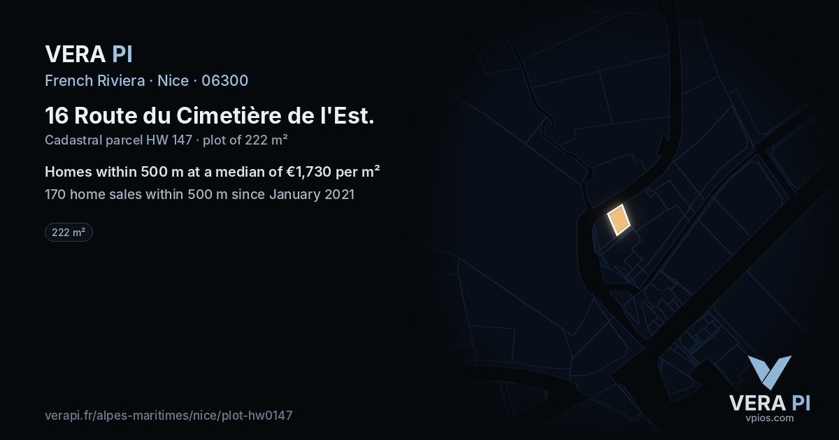 16 Route du Cimetière de l'Est, Nice at night – the plot lit, the parcels around coloured by the prices near them