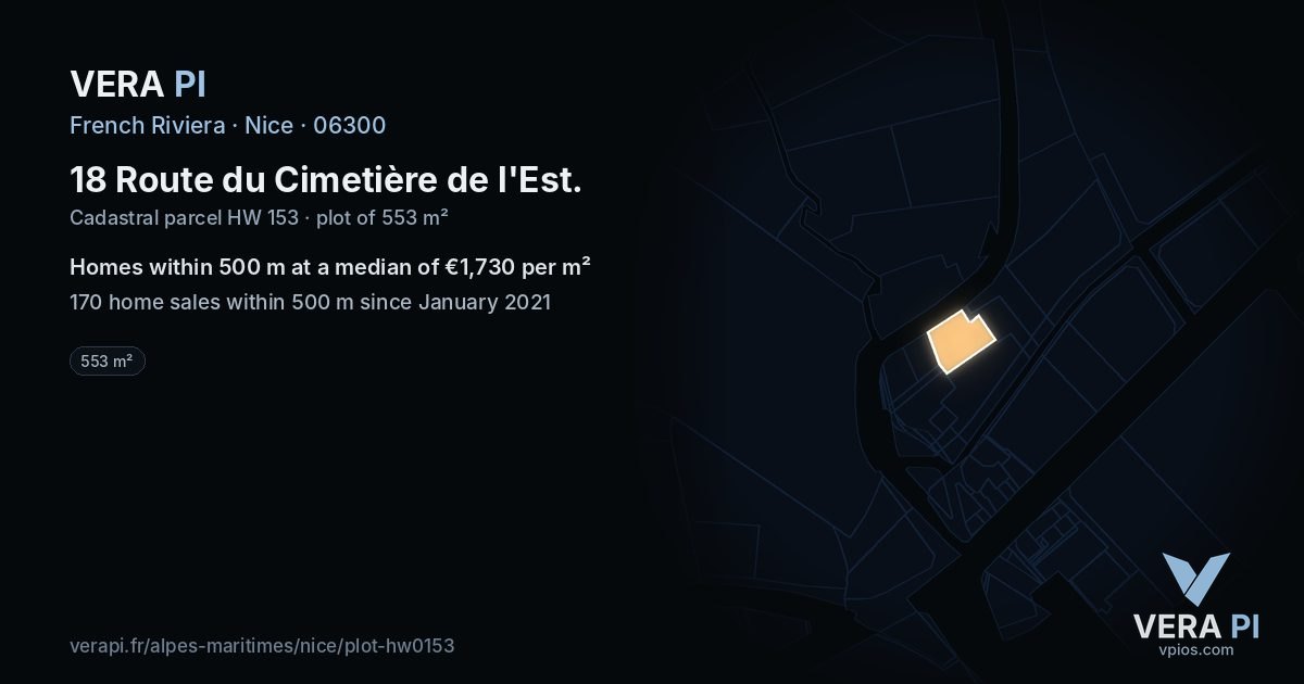 18 Route du Cimetière de l'Est, Nice at night – the plot lit, the parcels around coloured by the prices near them