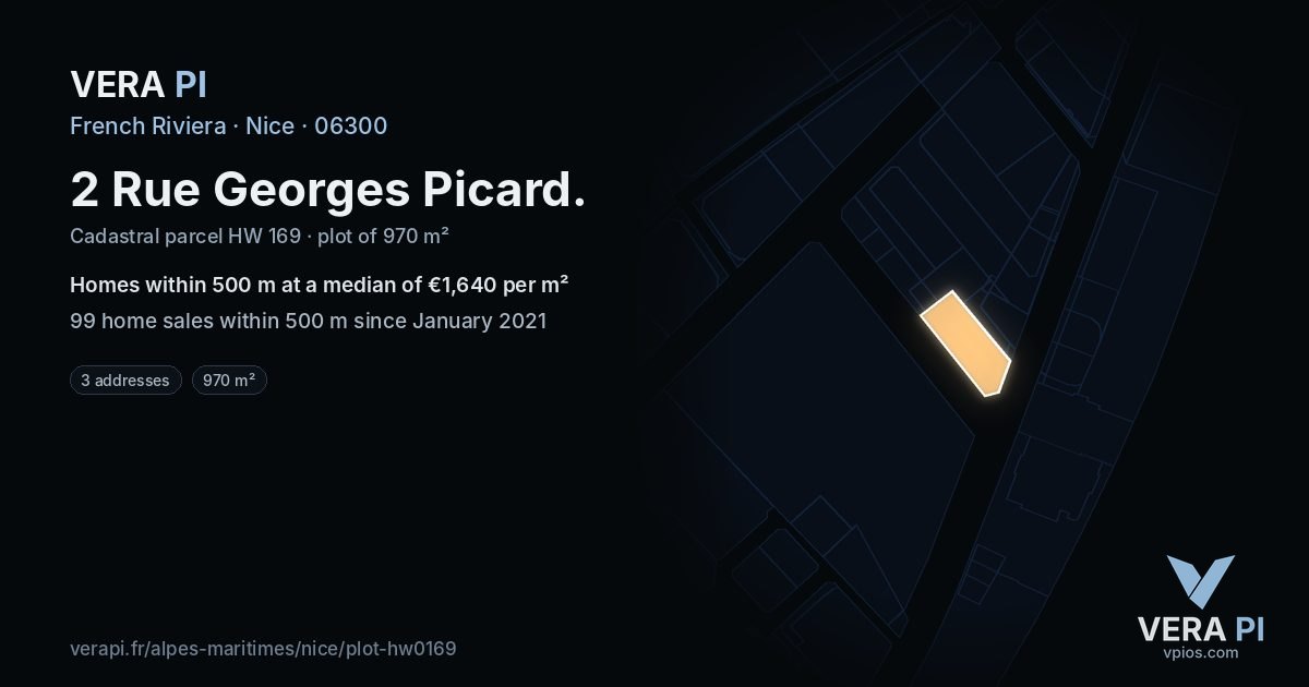 2 Rue Georges Picard, Nice at night – the plot lit, the parcels around coloured by the prices near them