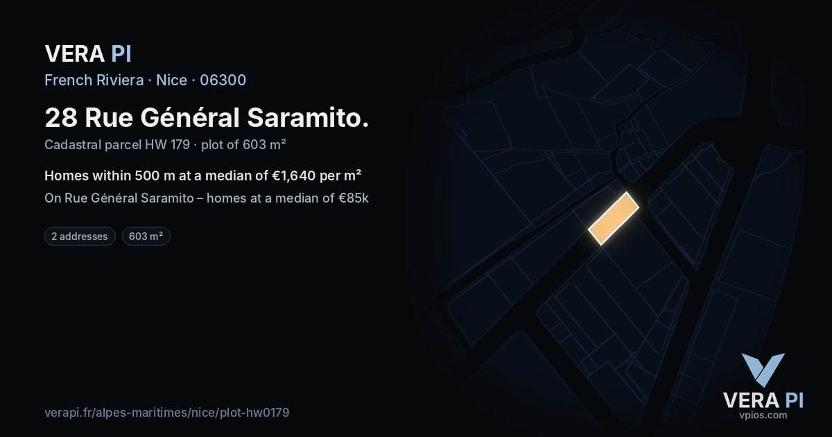 28 Rue Général Saramito, Nice at night – the plot lit, the parcels around coloured by the prices near them