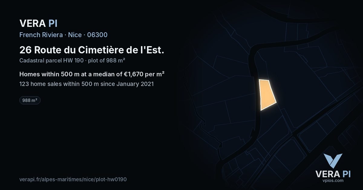 26 Route du Cimetière de l'Est, Nice at night – the plot lit, the parcels around coloured by the prices near them