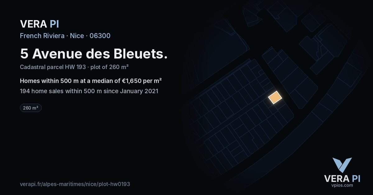 5 Avenue des Bleuets, Nice at night – the plot lit, the parcels around coloured by the prices near them