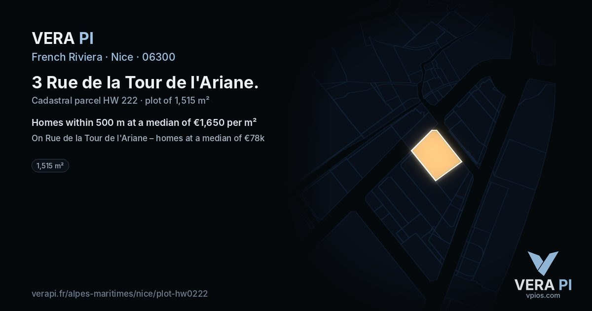 3 Rue de la Tour de l'Ariane, Nice at night – the plot lit, the parcels around coloured by the prices near them