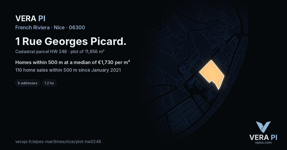 1 Rue Georges Picard, Nice at night – the plot lit, the parcels around coloured by the prices near them
