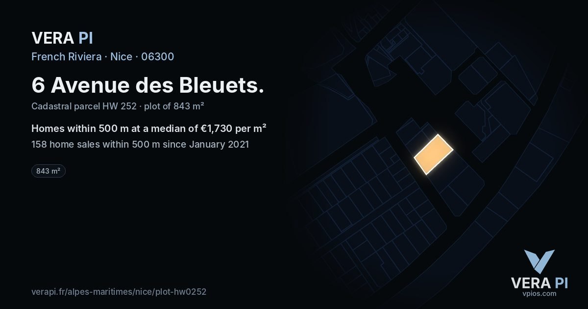 6 Avenue des Bleuets, Nice at night – the plot lit, the parcels around coloured by the prices near them