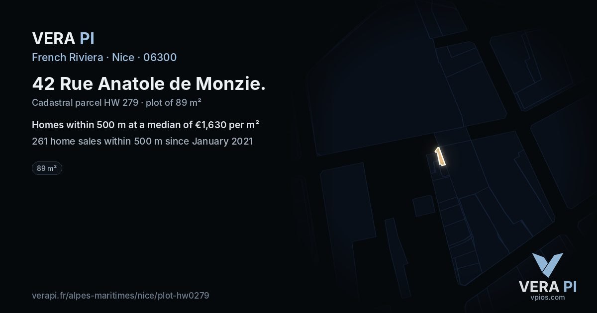 42 Rue Anatole de Monzie, Nice at night – the plot lit, the parcels around coloured by the prices near them