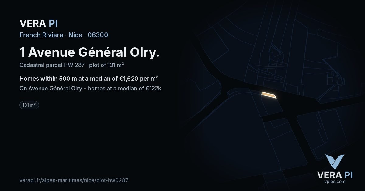 1 Avenue Général Olry, Nice at night – the plot lit, the parcels around coloured by the prices near them