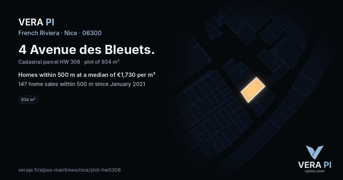 4 Avenue des Bleuets, Nice at night – the plot lit, the parcels around coloured by the prices near them