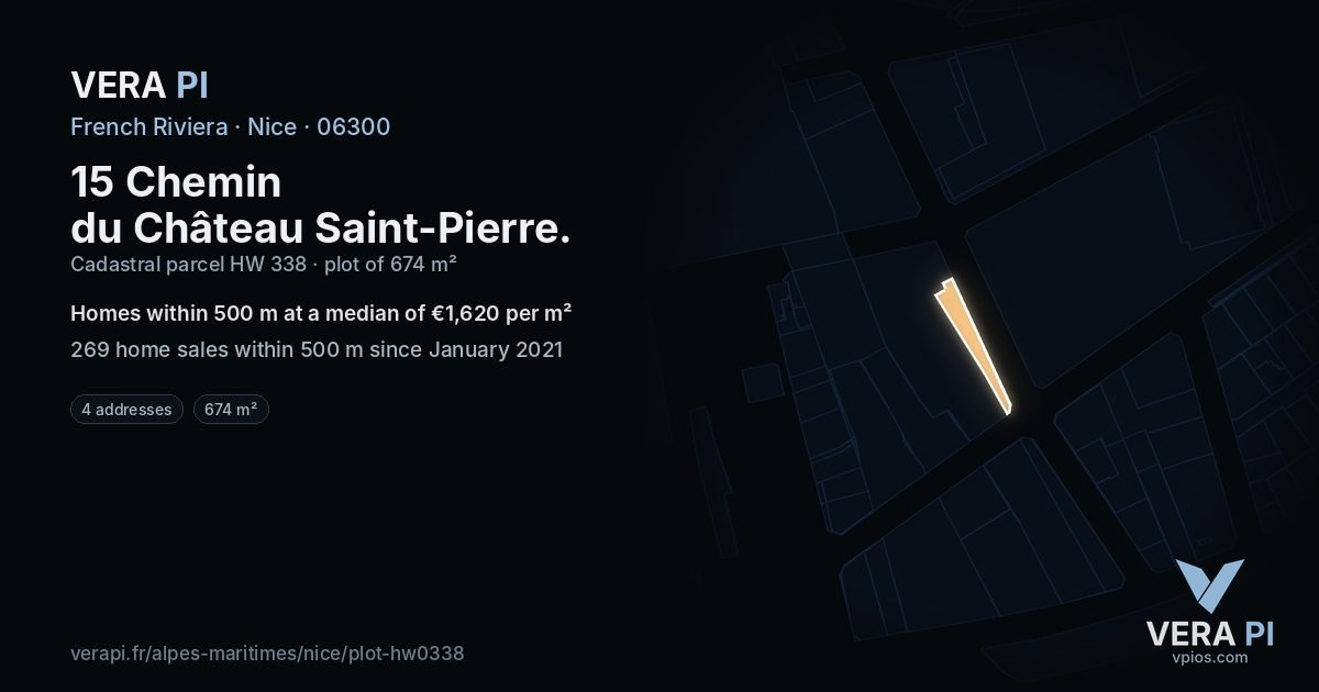 15 Chemin du Château Saint-Pierre, Nice at night – the plot lit, the parcels around coloured by the prices near them