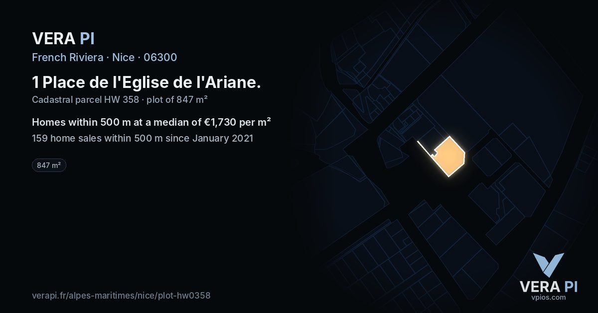 1 Place de l'Eglise de l'Ariane, Nice at night – the plot lit, the parcels around coloured by the prices near them