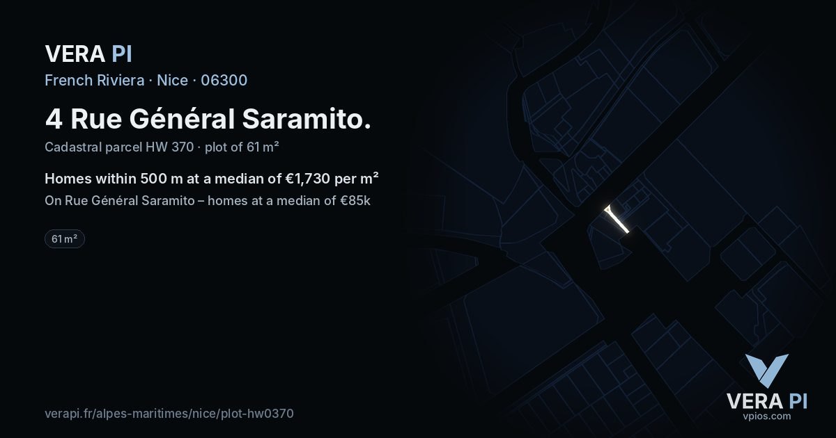 4 Rue Général Saramito, Nice at night – the plot lit, the parcels around coloured by the prices near them