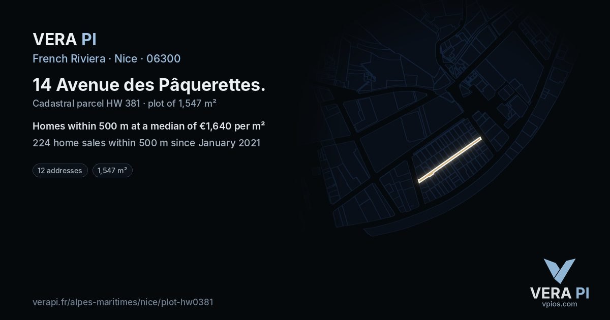 14 Avenue des Pâquerettes, Nice at night – the plot lit, the parcels around coloured by the prices near them