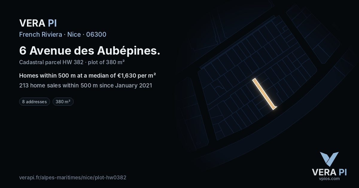 6 Avenue des Aubépines, Nice at night – the plot lit, the parcels around coloured by the prices near them
