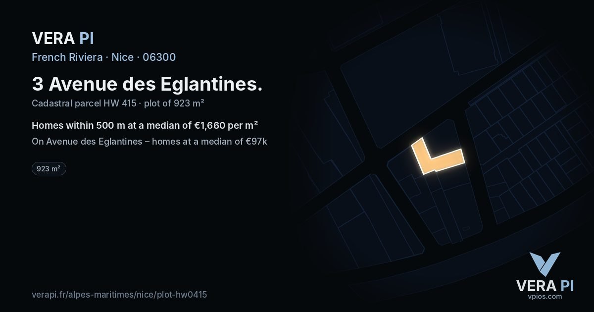 3 Avenue des Eglantines, Nice at night – the plot lit, the parcels around coloured by the prices near them