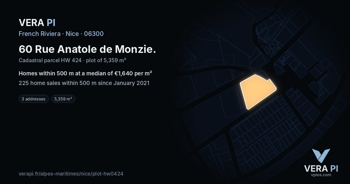 60 Rue Anatole de Monzie, Nice at night – the plot lit, the parcels around coloured by the prices near them