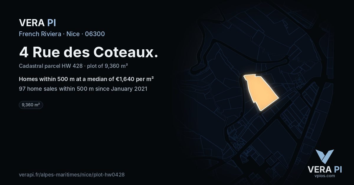 4 Rue des Coteaux, Nice at night – the plot lit, the parcels around coloured by the prices near them