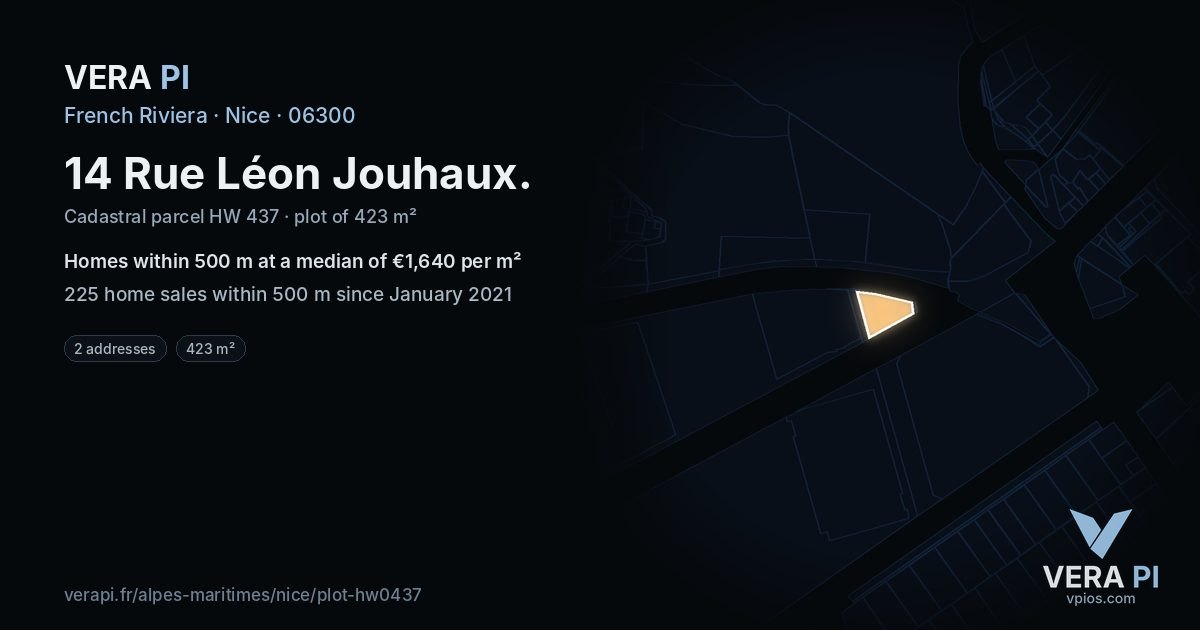 14 Rue Léon Jouhaux, Nice at night – the plot lit, the parcels around coloured by the prices near them