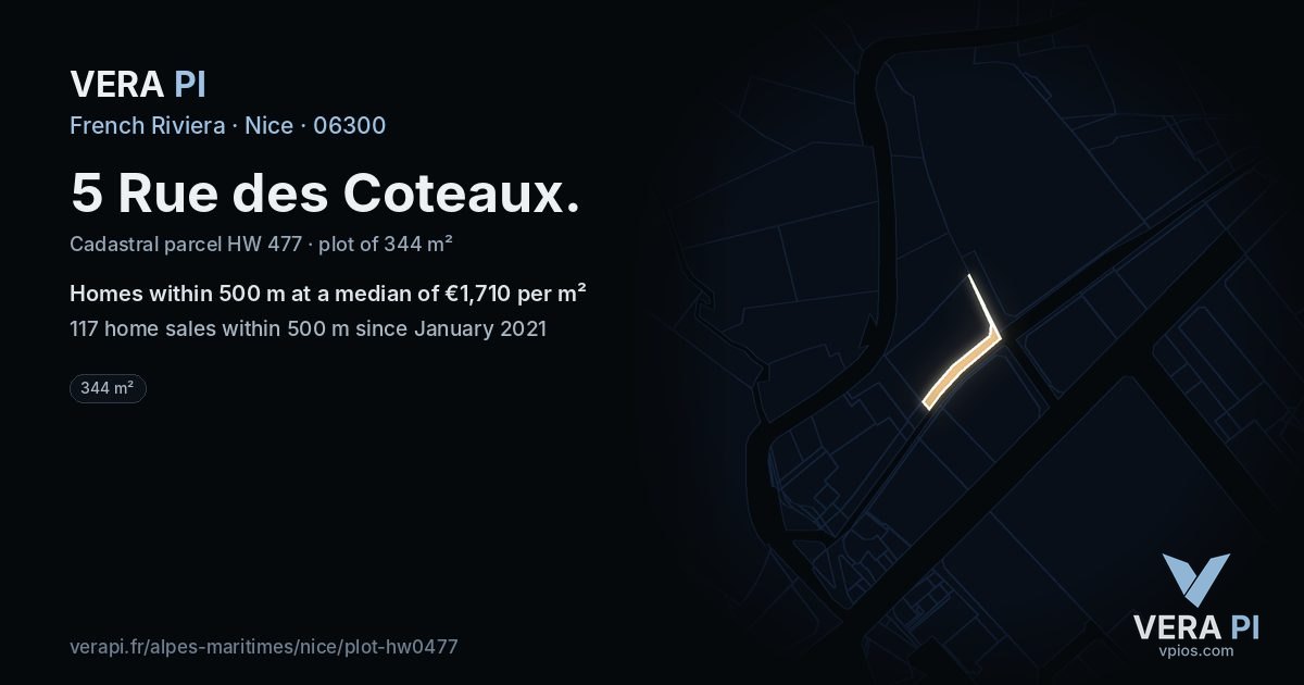 5 Rue des Coteaux, Nice at night – the plot lit, the parcels around coloured by the prices near them