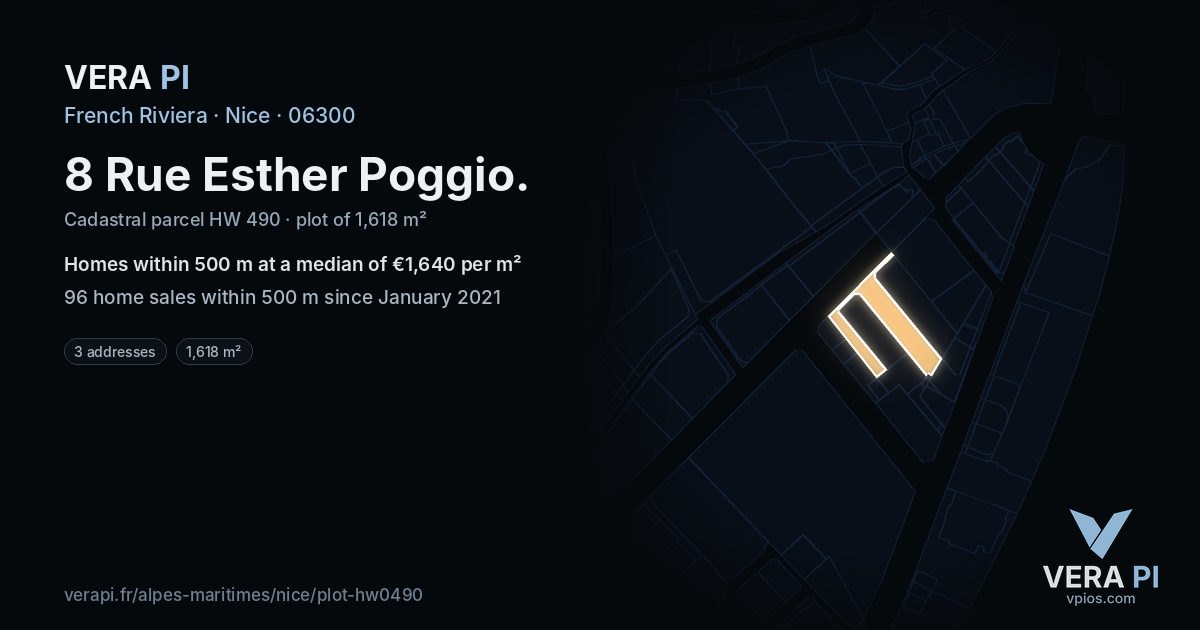 8 Rue Esther Poggio, Nice at night – the plot lit, the parcels around coloured by the prices near them