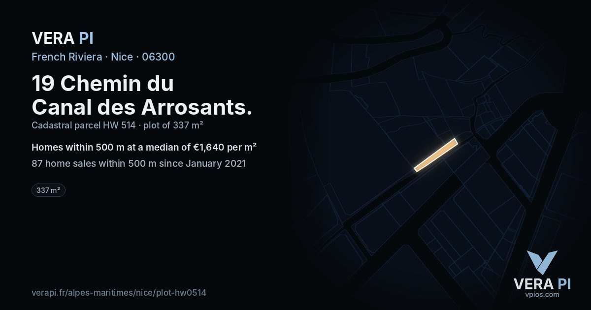 19 Chemin du Canal des Arrosants, Nice at night – the plot lit, the parcels around coloured by the prices near them
