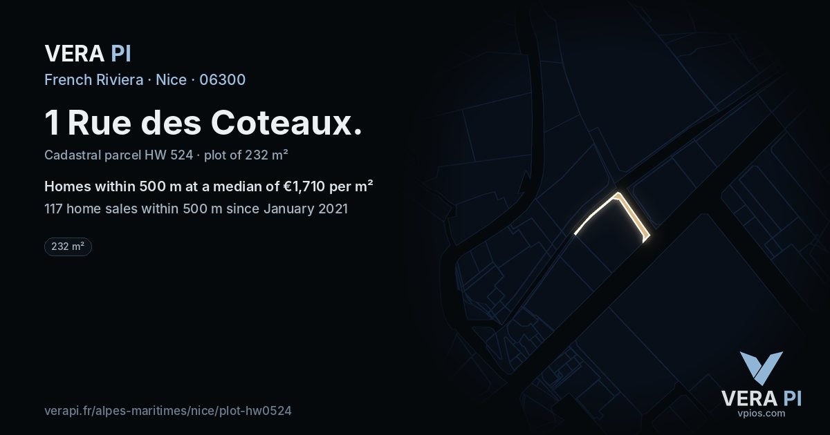 1 Rue des Coteaux, Nice at night – the plot lit, the parcels around coloured by the prices near them