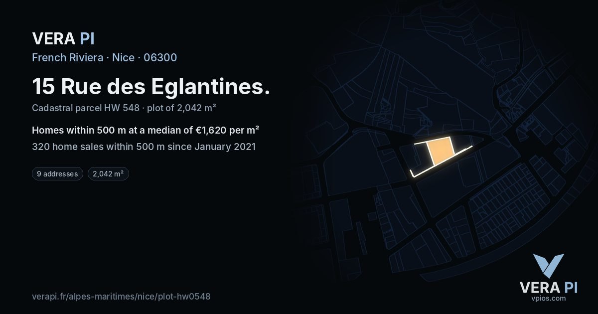 15 Rue des Eglantines, Nice at night – the plot lit, the parcels around coloured by the prices near them
